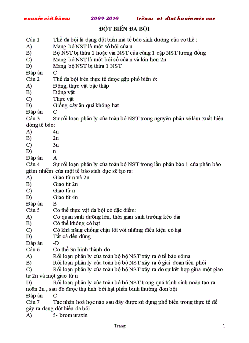 Đề trắc nghiệm môn sinh học 9 2009 2010 cực hay Hùng