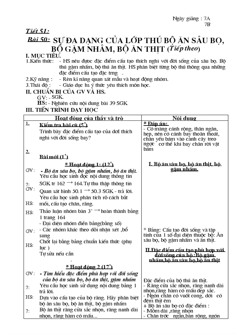 Sinh 7 chuẩn tiết 51