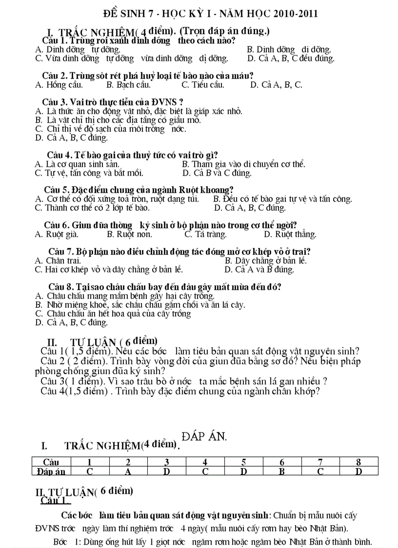 Đề kiểm tra học kỳ 1 và 2 môn sinh 7 năm học 2010 2011 Theo chuẩn KTKN