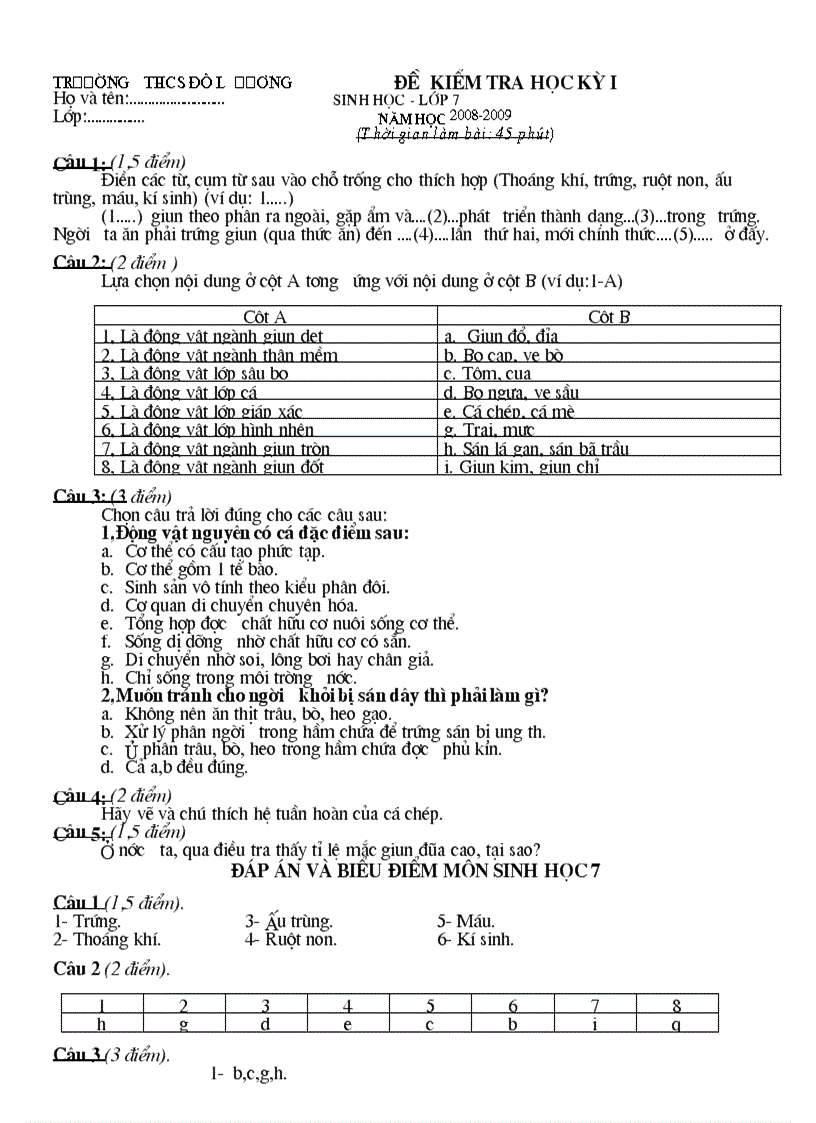 Đề kt ky i sinh 7 08 09 có đáp án