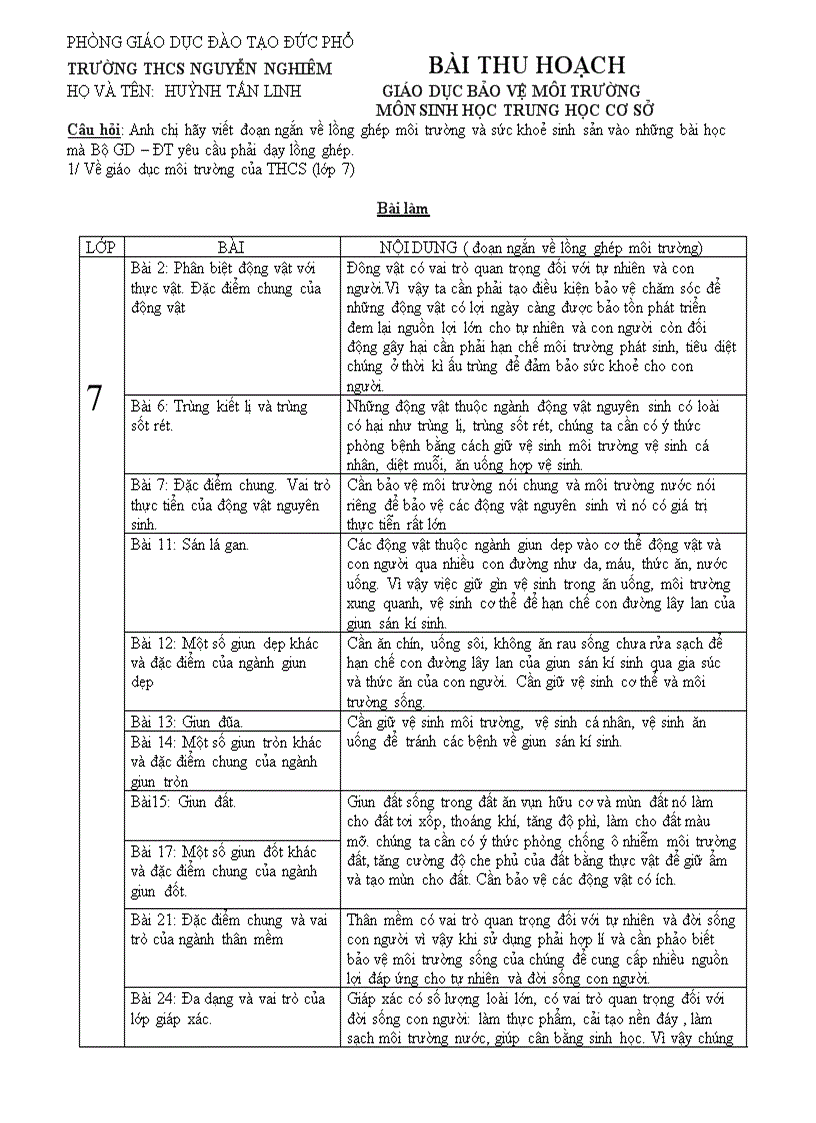 Giáo dục bảo vệ môi trường SINH 7
