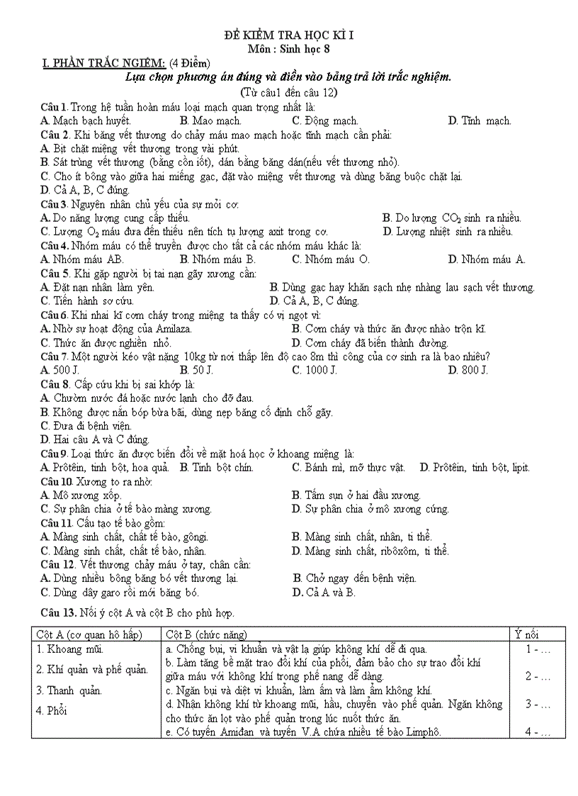 ĐỀ KIỂM TRA HỌC KÌ I Sinh 8