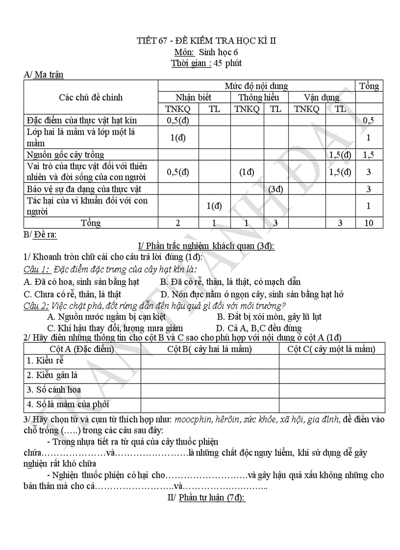 Đề thi hkii sinh học 6 10 11