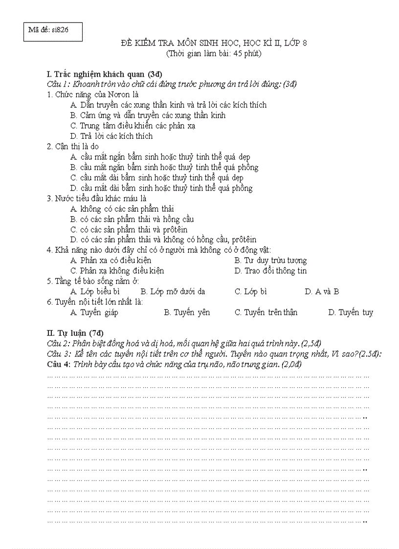 Đề HD chấm Sinh 8 kỳ II
