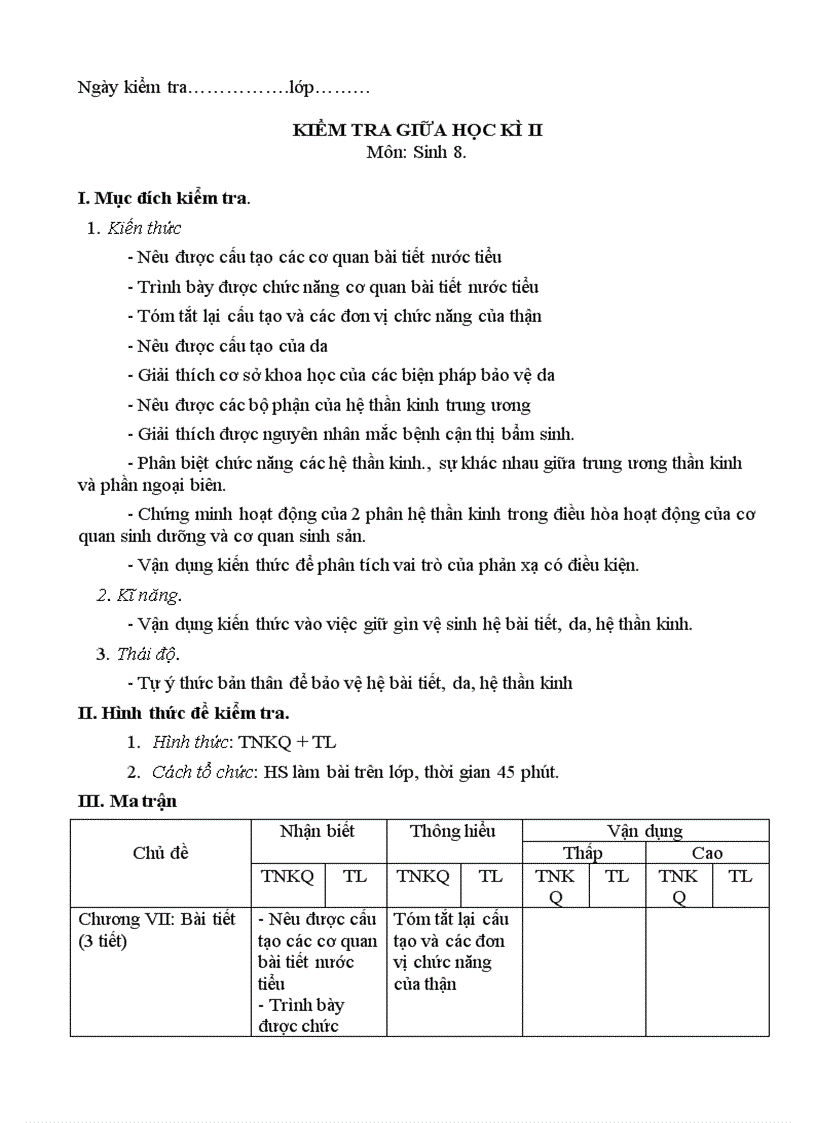 Đề kiểm tra 1 tiết học kỳ II Sinh 8 ĐỔi mới