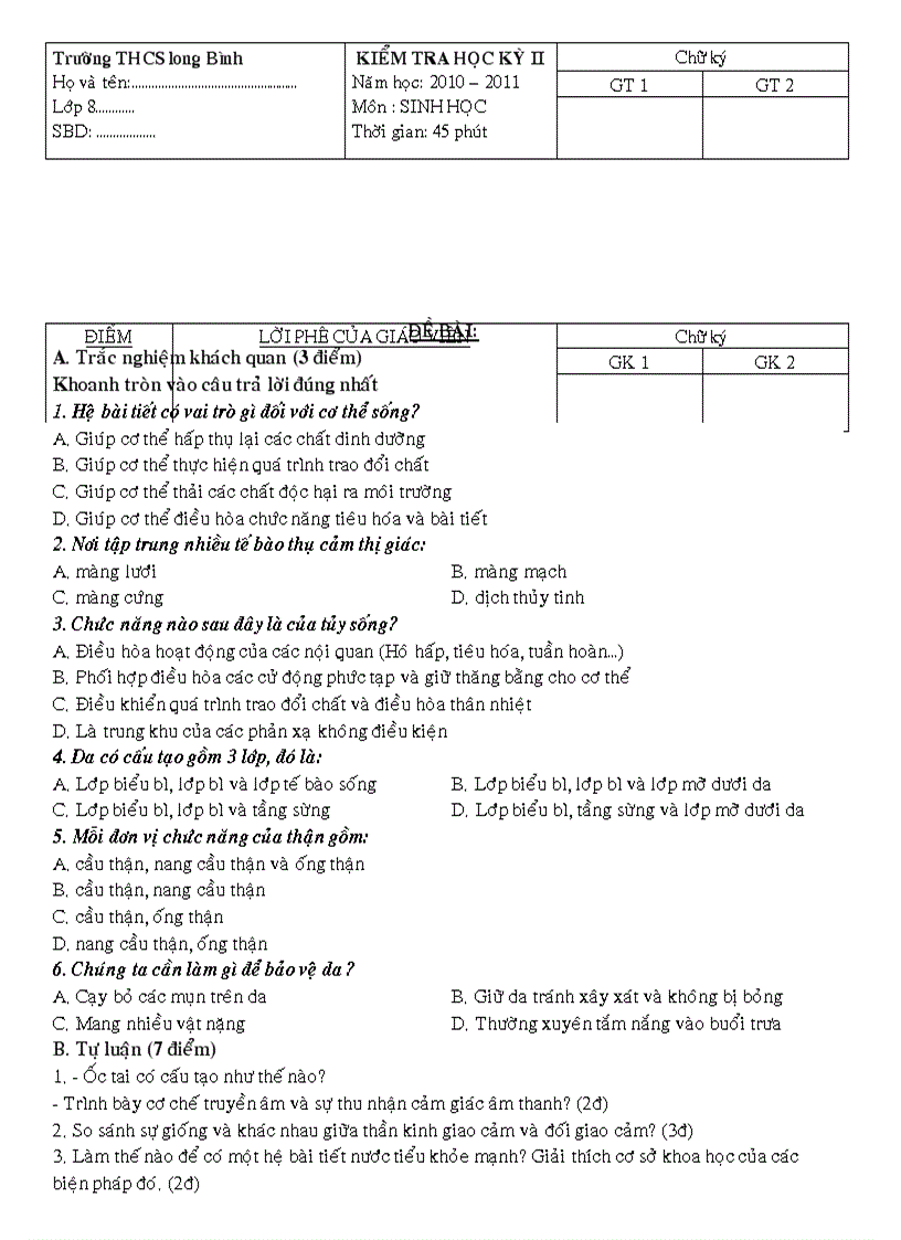 Đề thi HKII Sinh8 Có ma trận đáp án
