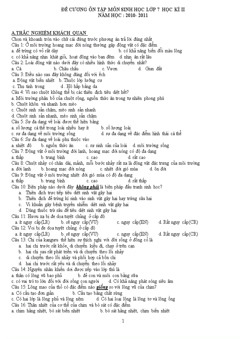 Đề cương sinh học 7 HK II 2011