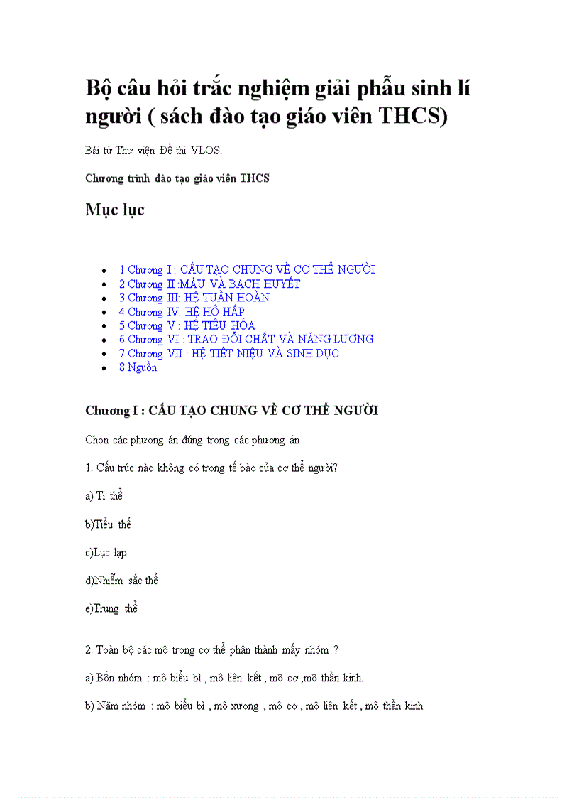 Bộ câu hỏi trắc ngiệm giải phẫu sinh lý người