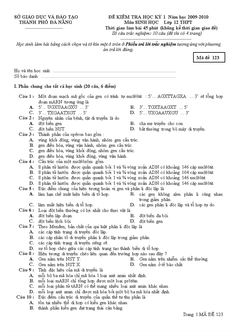 Đề đáp án môn sinh hk1lop 12 2009 2010