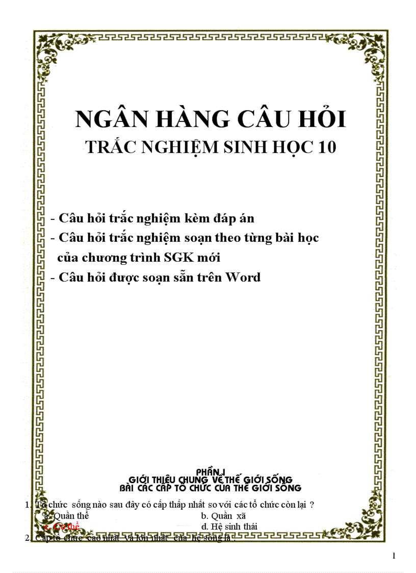 Cau hoi trac nghiem sinh hoc 10 theo chuan ktkn va noi dung tinh giam