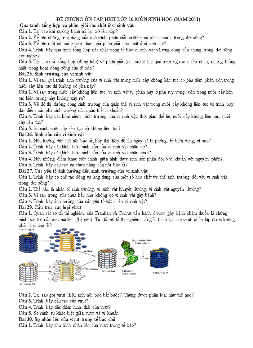Đề cương ôn tập môn sinh học 10