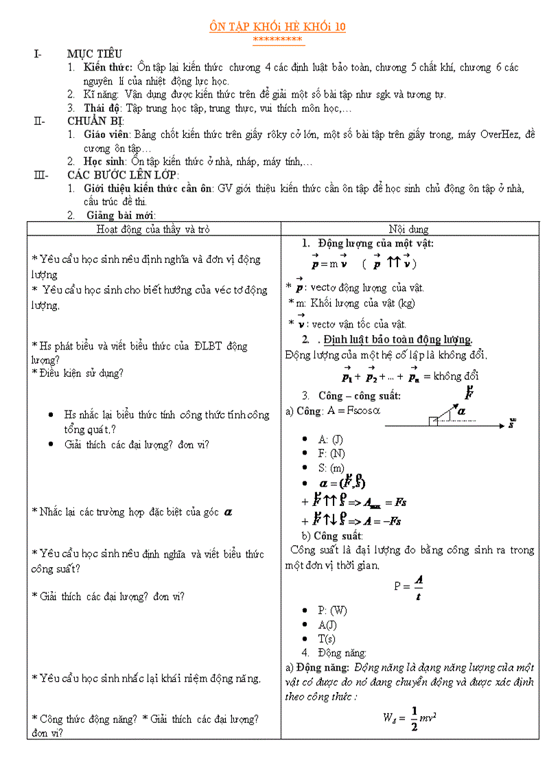 Giáo án ôn tập tổng hợp kiến thức vật li10