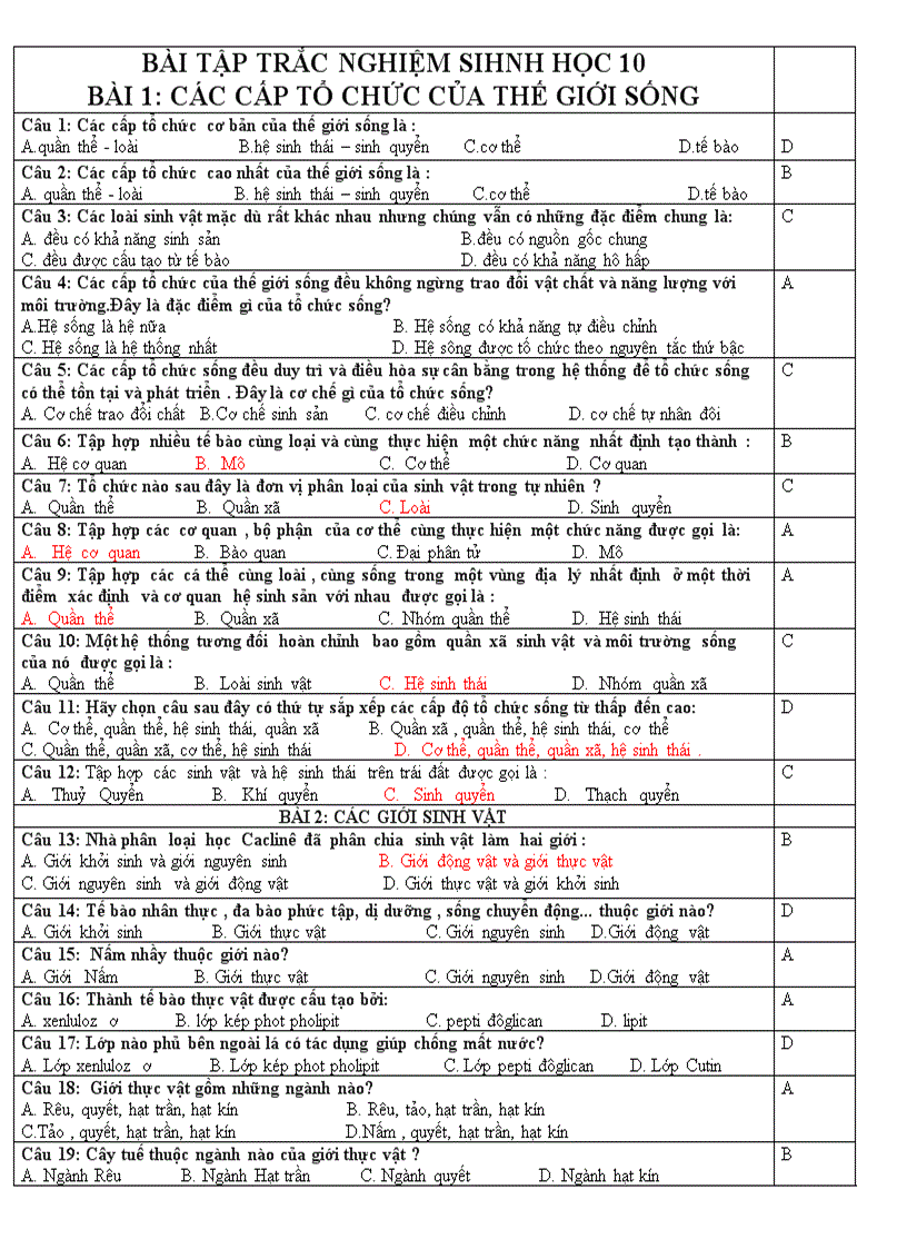 Bài tập trắc nghiệm sh 10 bcb