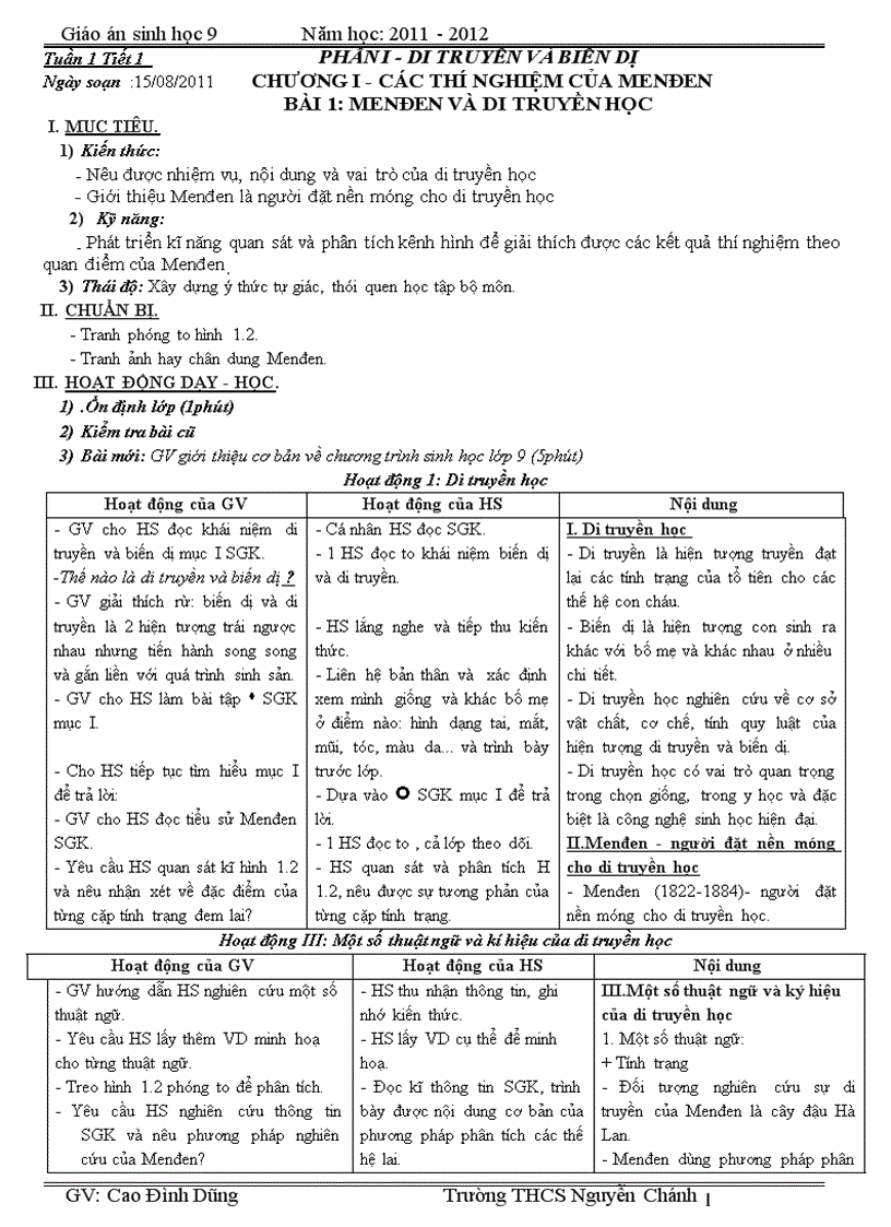 Giáo án sinh 9 theo CT giảm tải