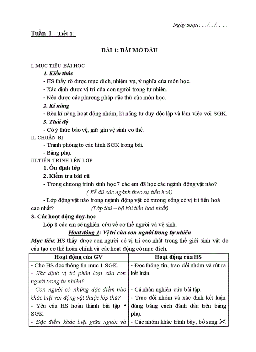 Giáo án sinh 8 HKI