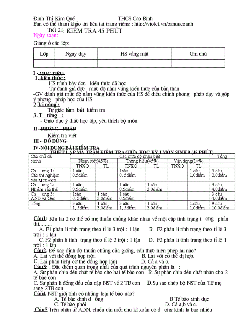 Sinh 9 t21 t25 CAO BẰNG