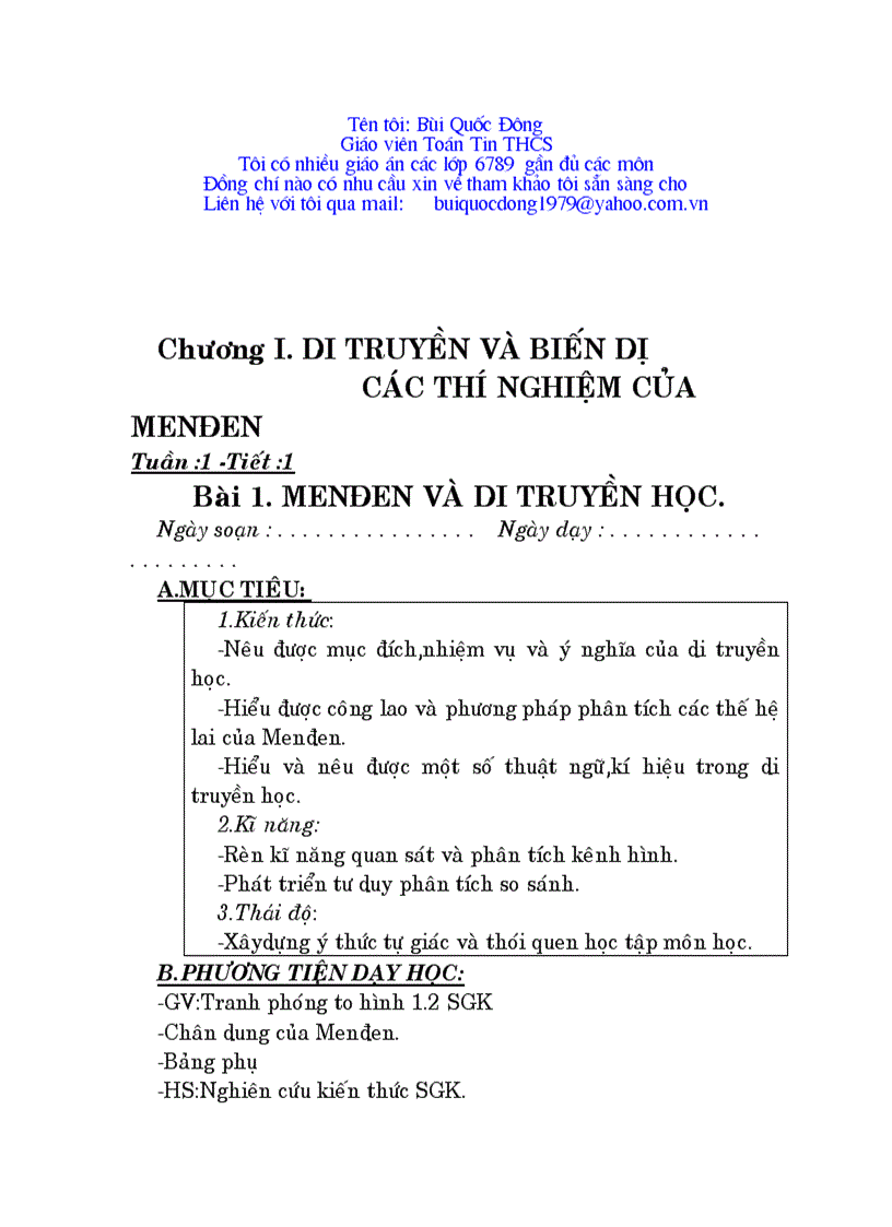 Giáo án Sinh 9 trọn bộ 1