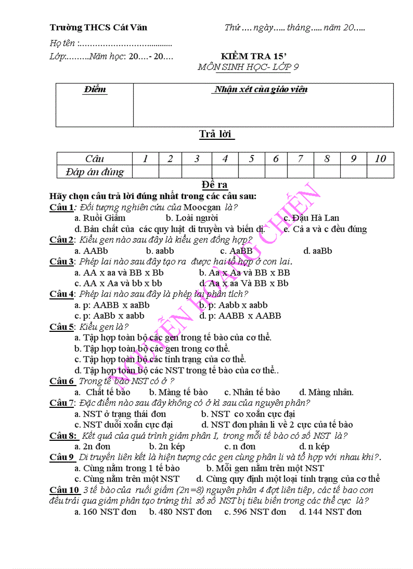 Kiểm tra 15 sinh học 9