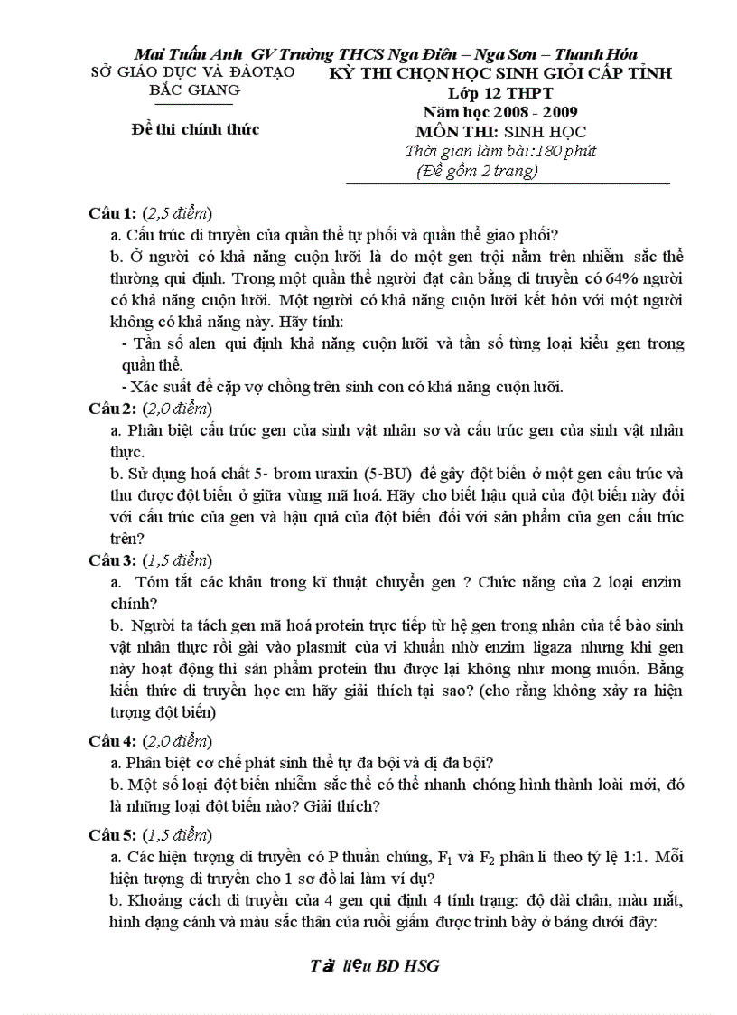 TT đề thi HSG Sinh 9 12 Tuấn Anh Nga Điền