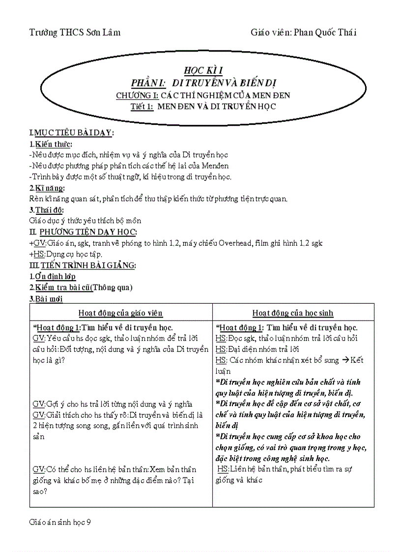 Giáo án Sinh 9 HK1 1