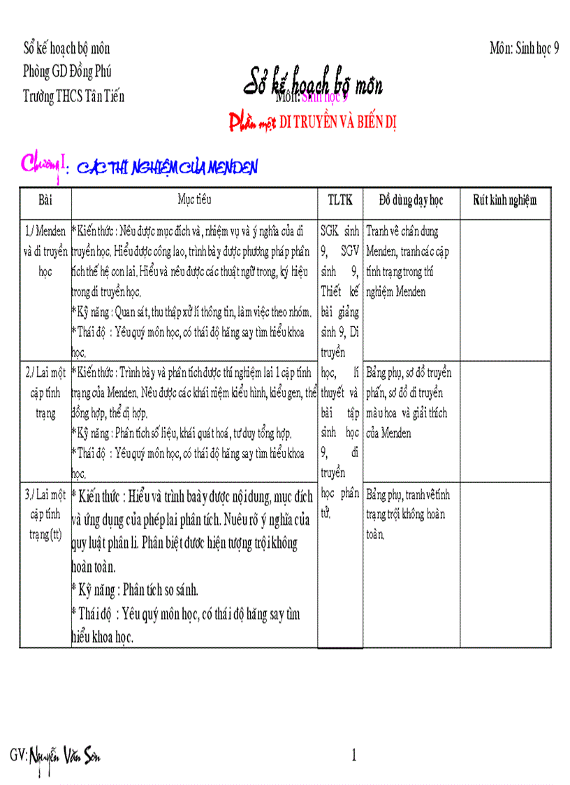 Sổ kế hoạch bộ môn sinh 9