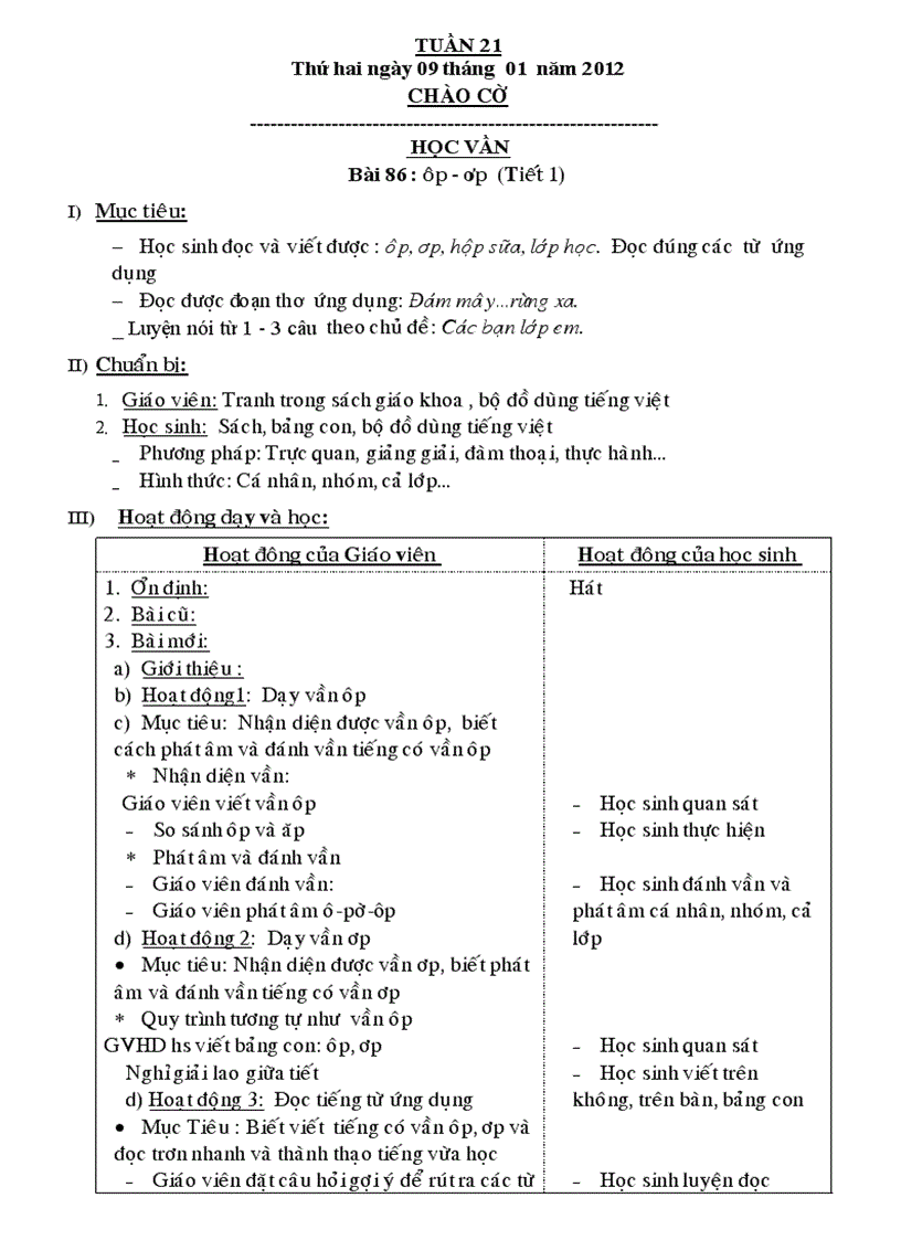 Giáo án lớp 1 tuần 21