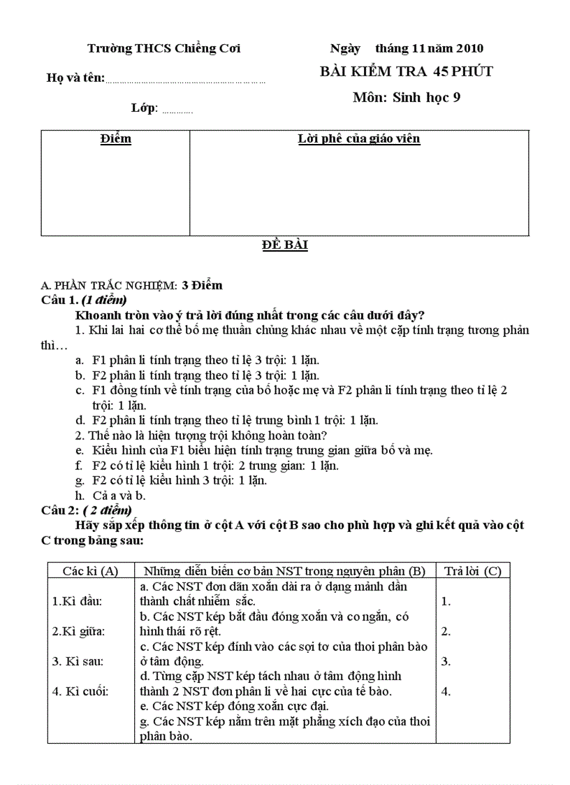 Bài kiểm tra 45 Sinh 9 2010