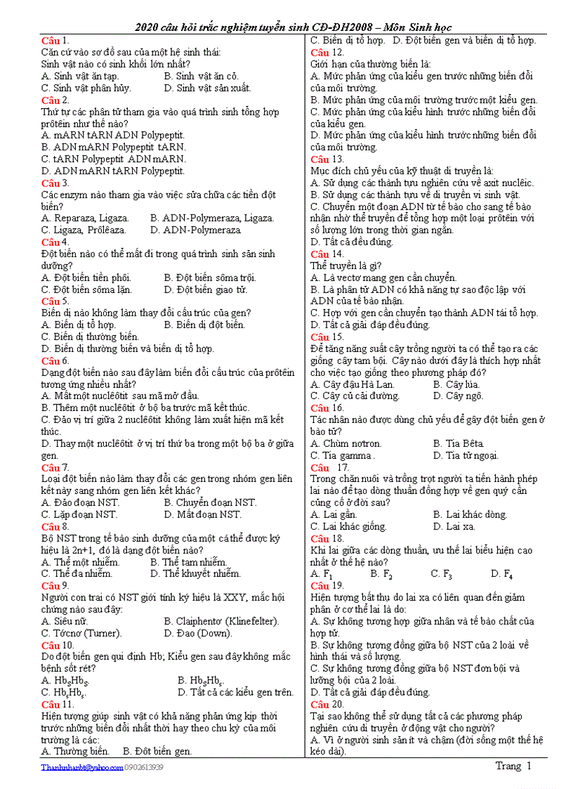 2020 Câu hỏi trắc nghiệm Sinh học