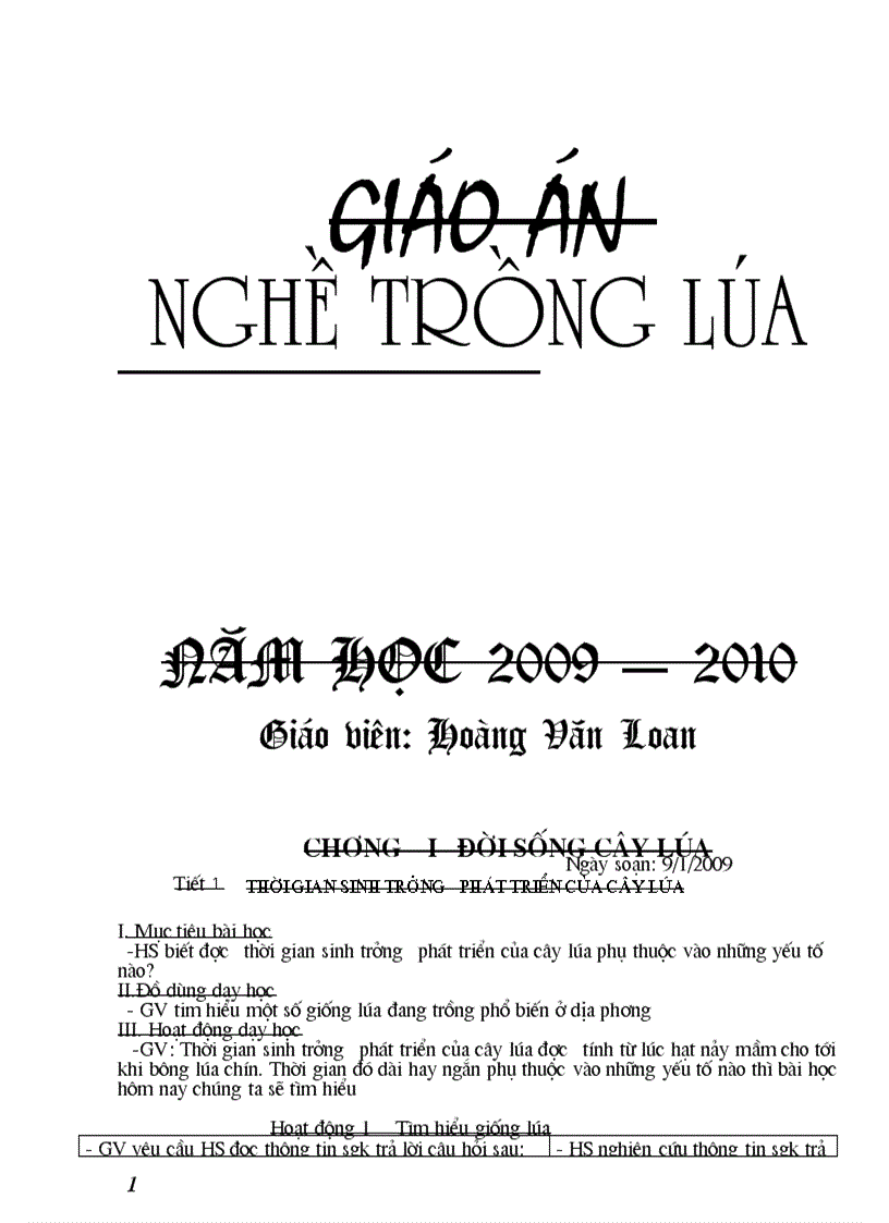 Giáo án Nghề trồng lúa 09 10