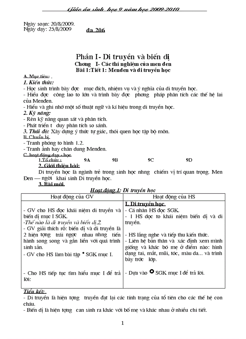 Giáo án sinh học lớp 9 dùng năm học 2010 2011