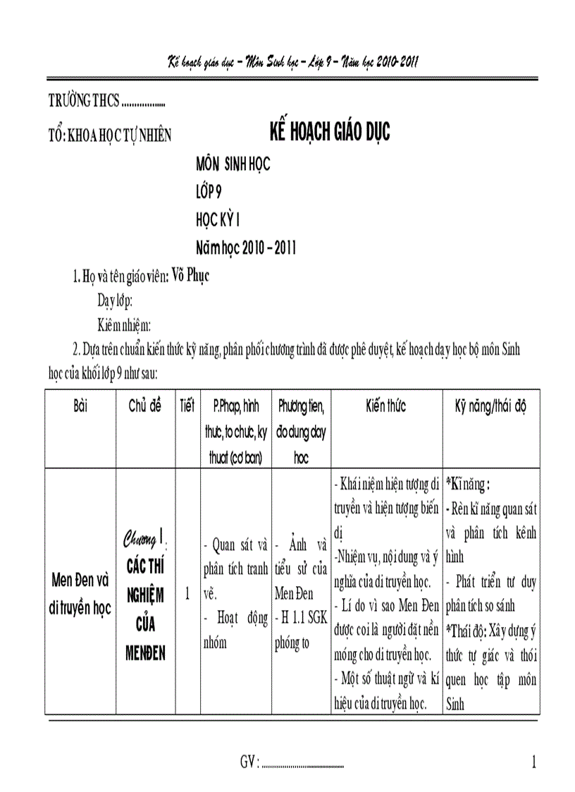 Kế hoạch giáo dục sinh 9 Cả năm Võ Phục