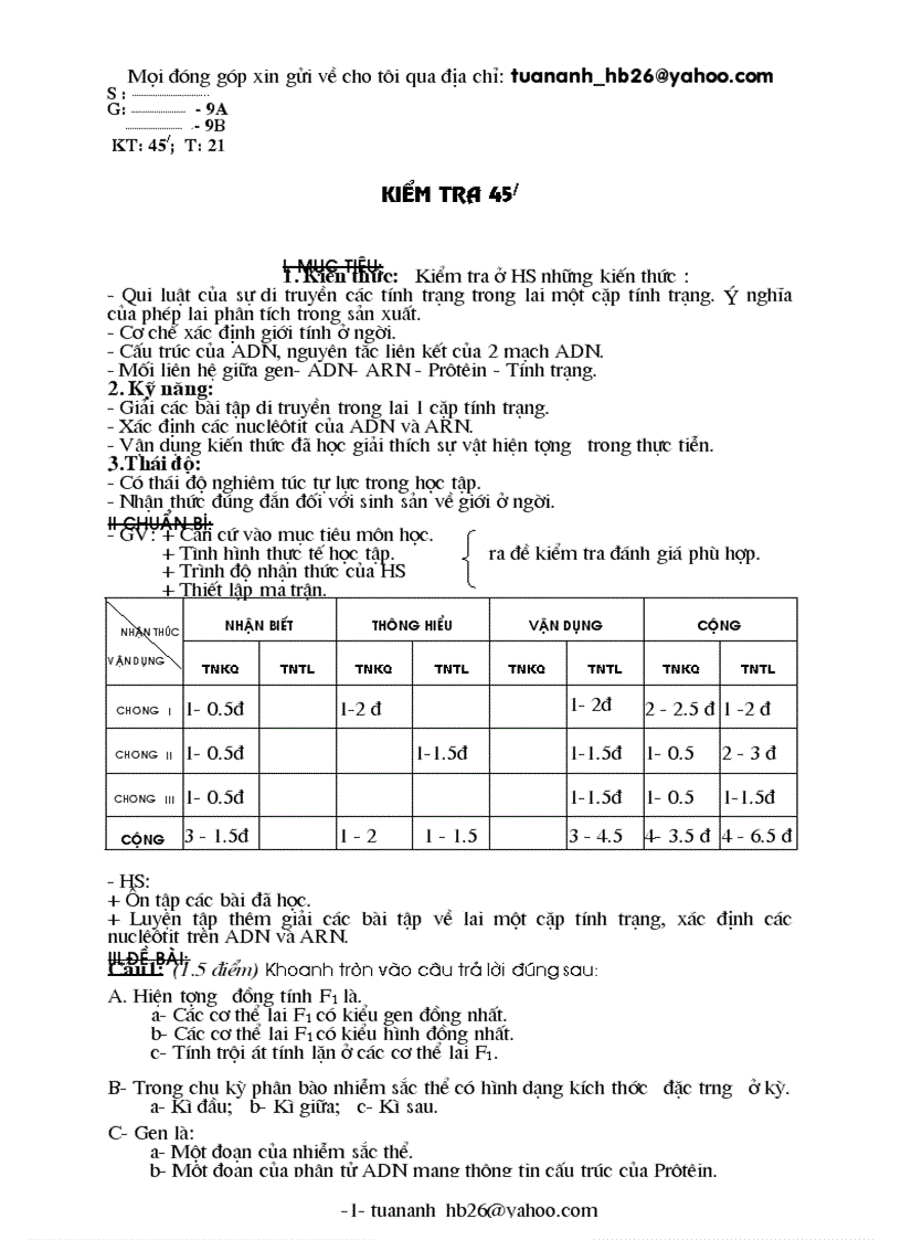 Kiểm tra một tiết Kì 1