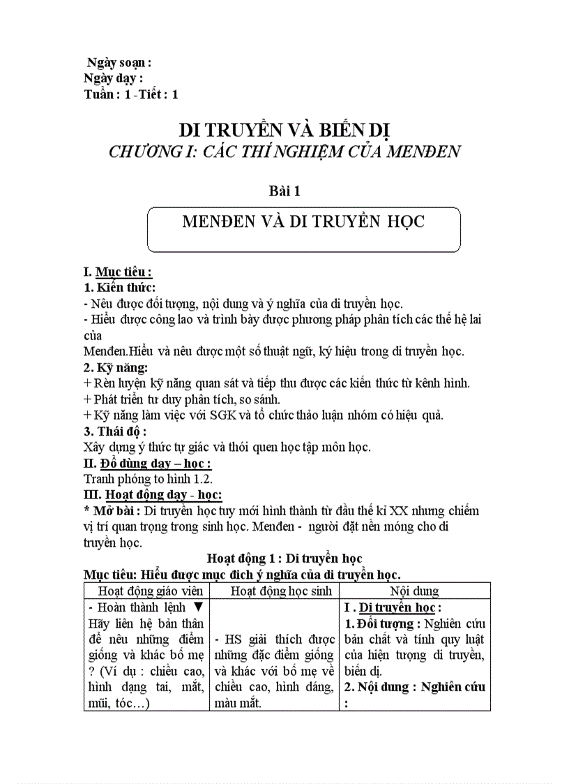 Các thí nghiệm của Menđen Bài 1 2