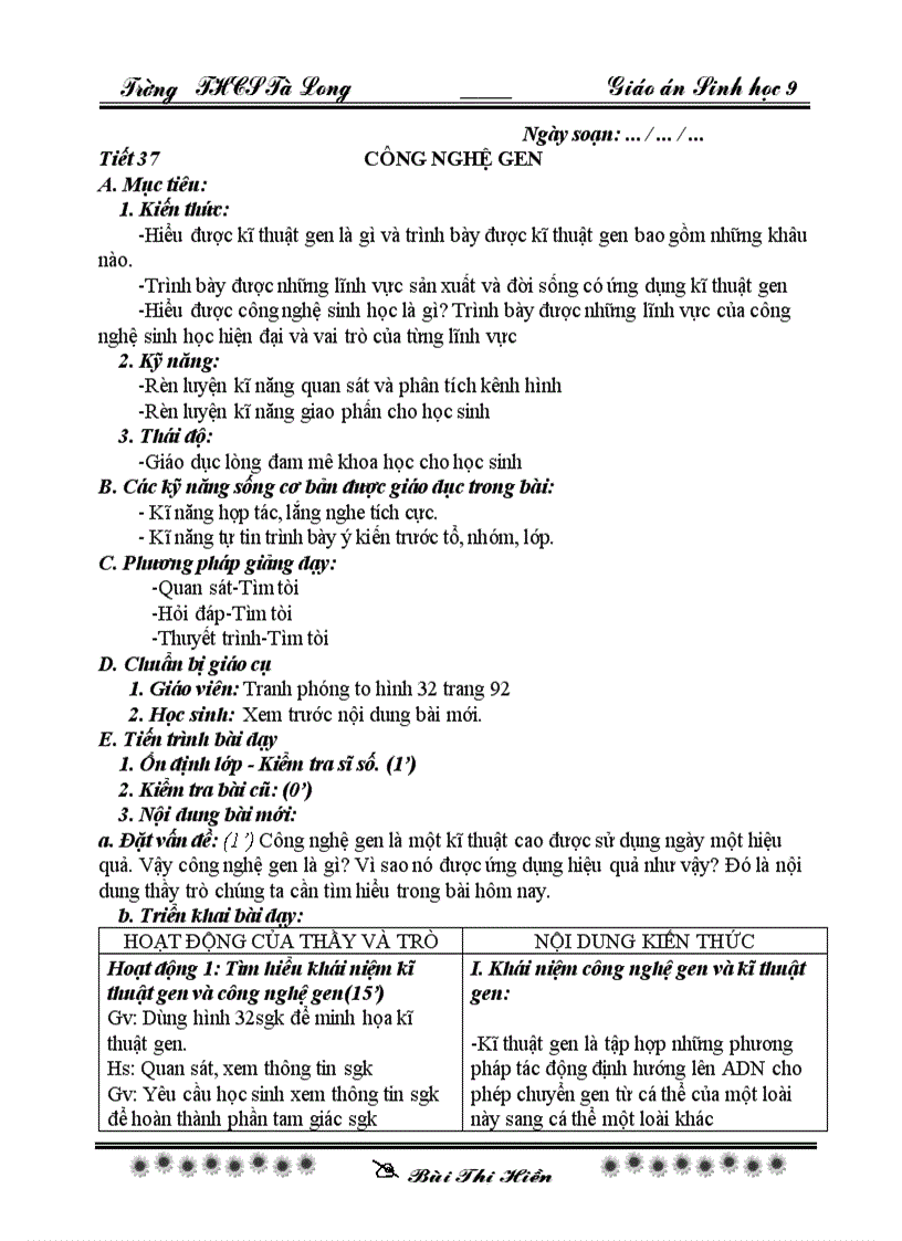 Sinh 9 tiet 37 theo chuan có KNS