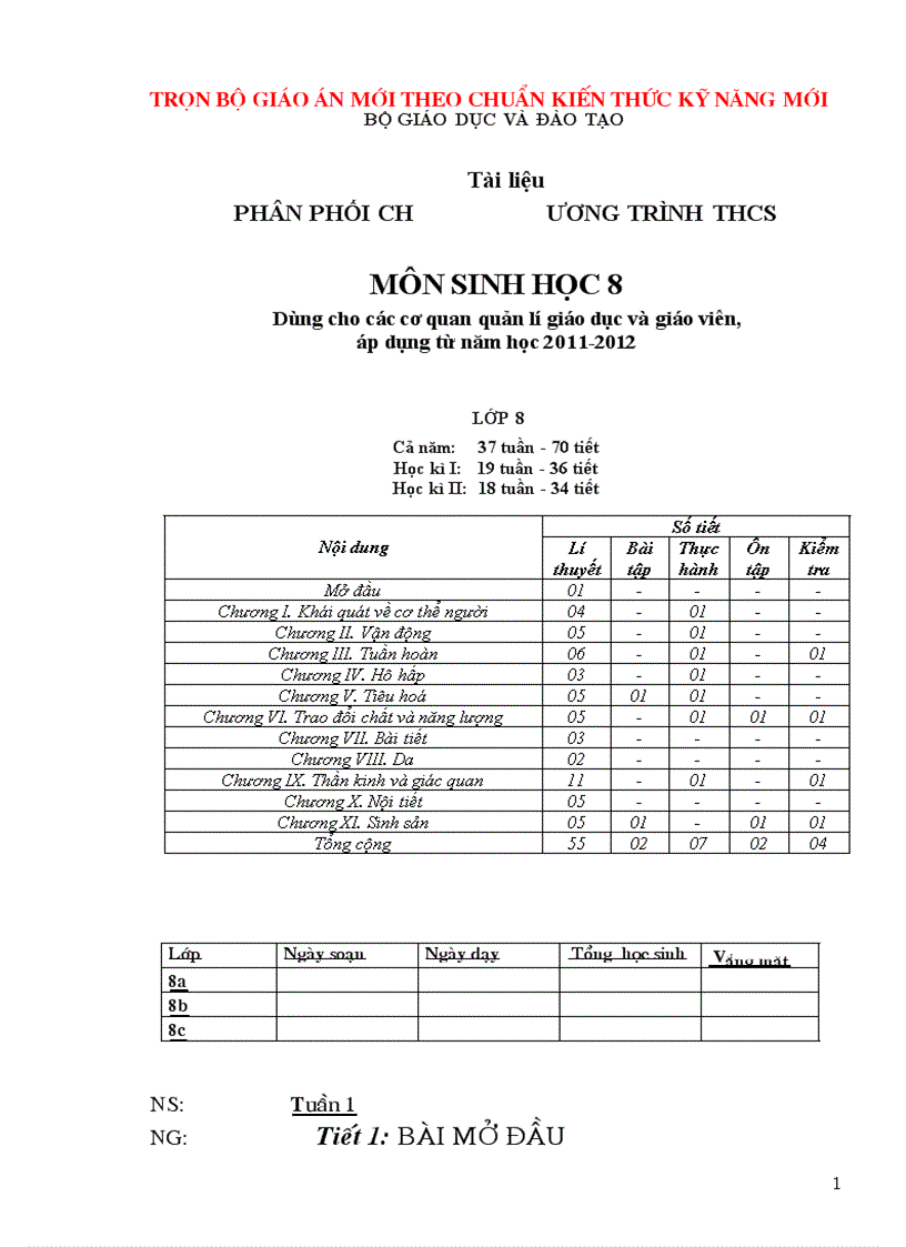 Giáo án Sinh học 8 chuẩn mới 2011 2012