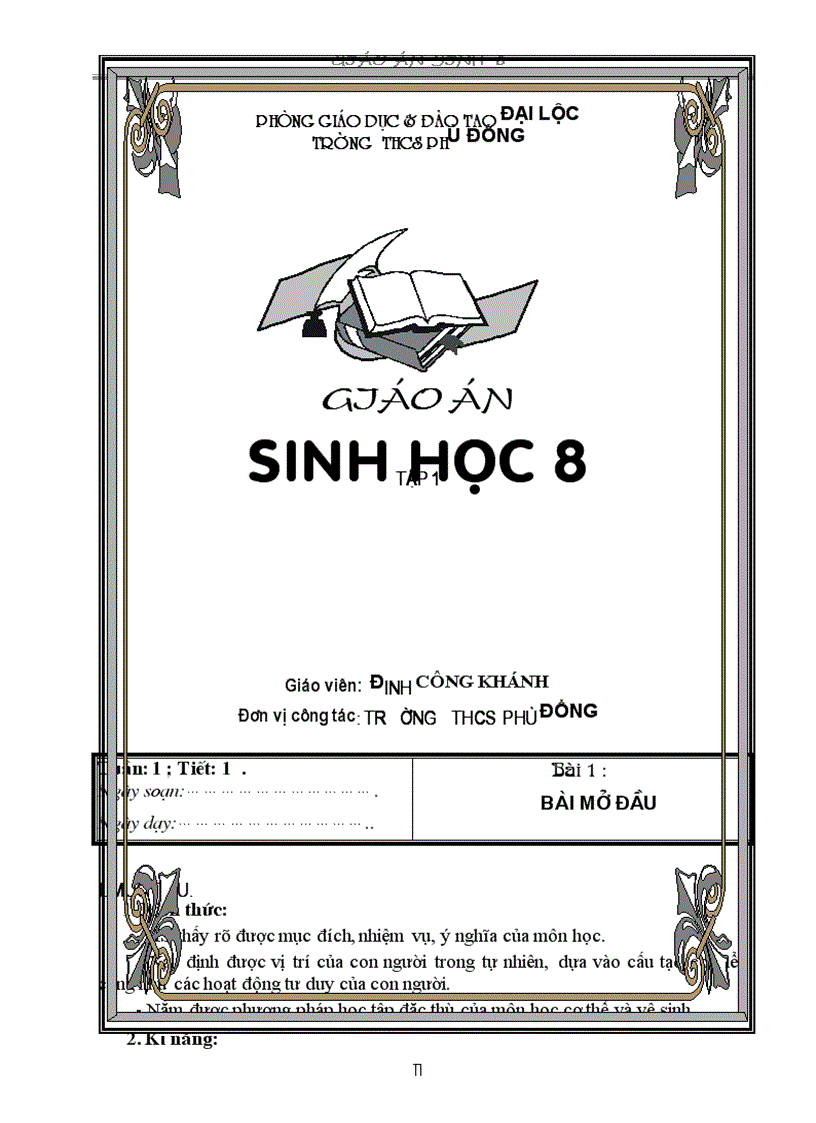 Giáo án sinh học 8 tập 1