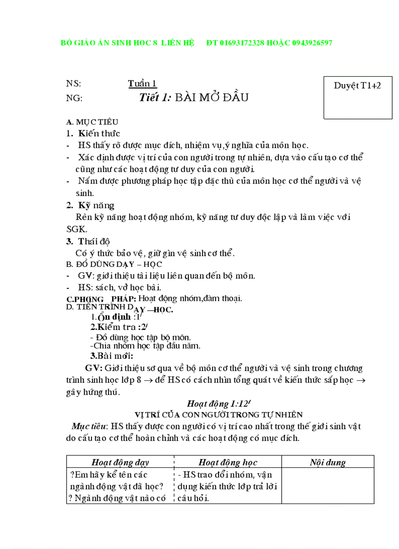 Giáo án Sinhhọc8chuẩn kiến thứckỹnăng 2010 2011