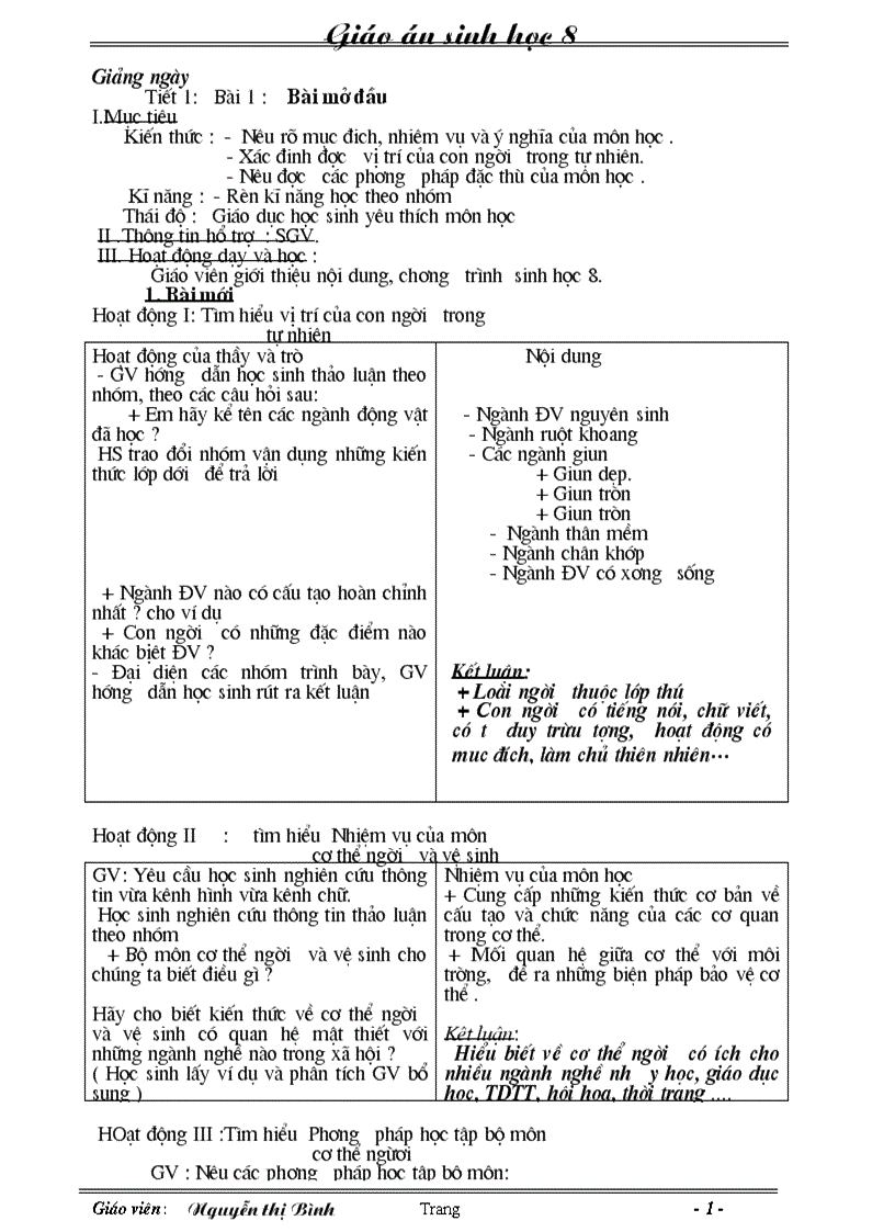 Giáo án Sinh học 8 hay 1