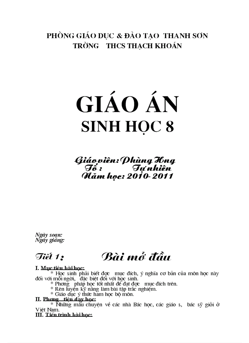 Giáo án Sinh 8 KI