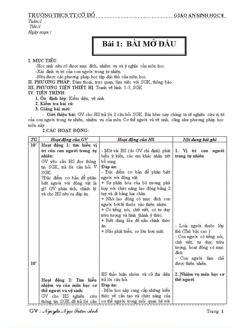 Giáo án sinh học 8 08 09