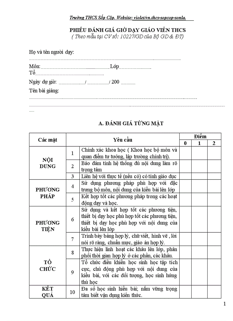 Mẫu sổ dự giờ