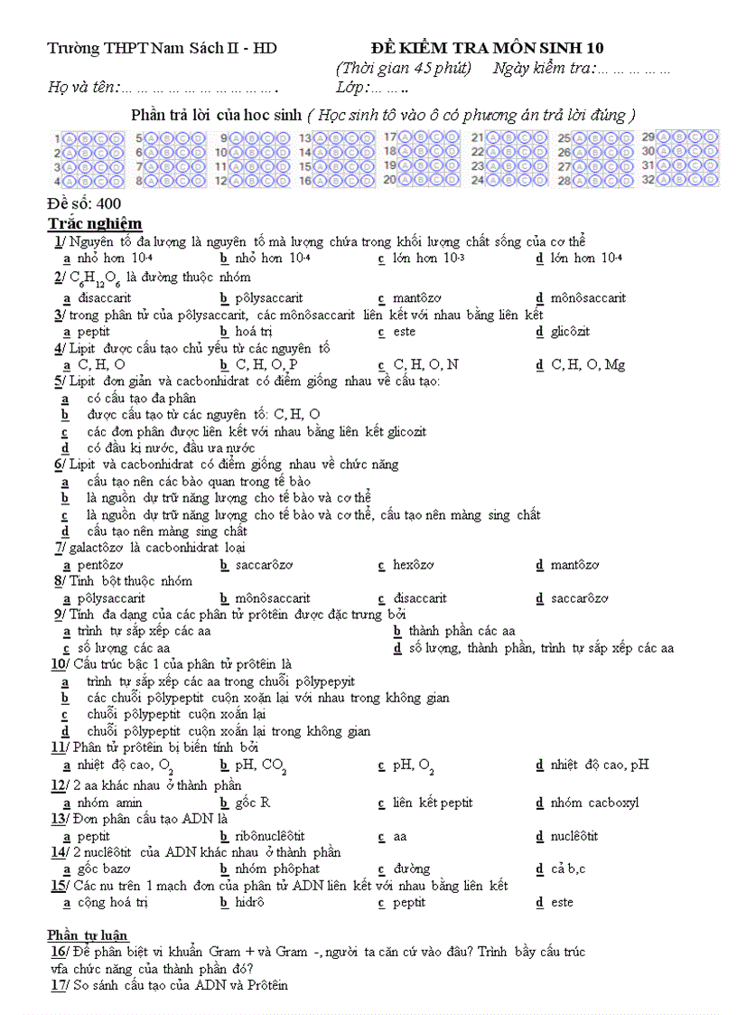 He thong de kiem tra trac nghiem 1 tiet Sinh 10 1