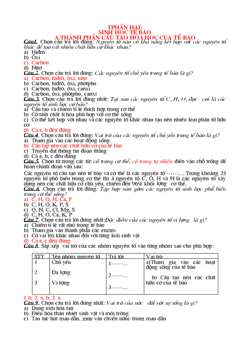 Trắc nghiệm sinh học lớp 10 phần II chương I Thành phần hóa học của tế bào