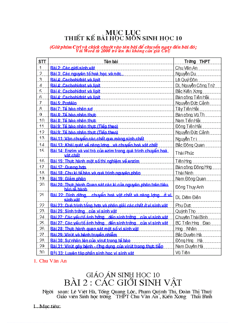 Giáo án sinh học 10 trọn bộ 1