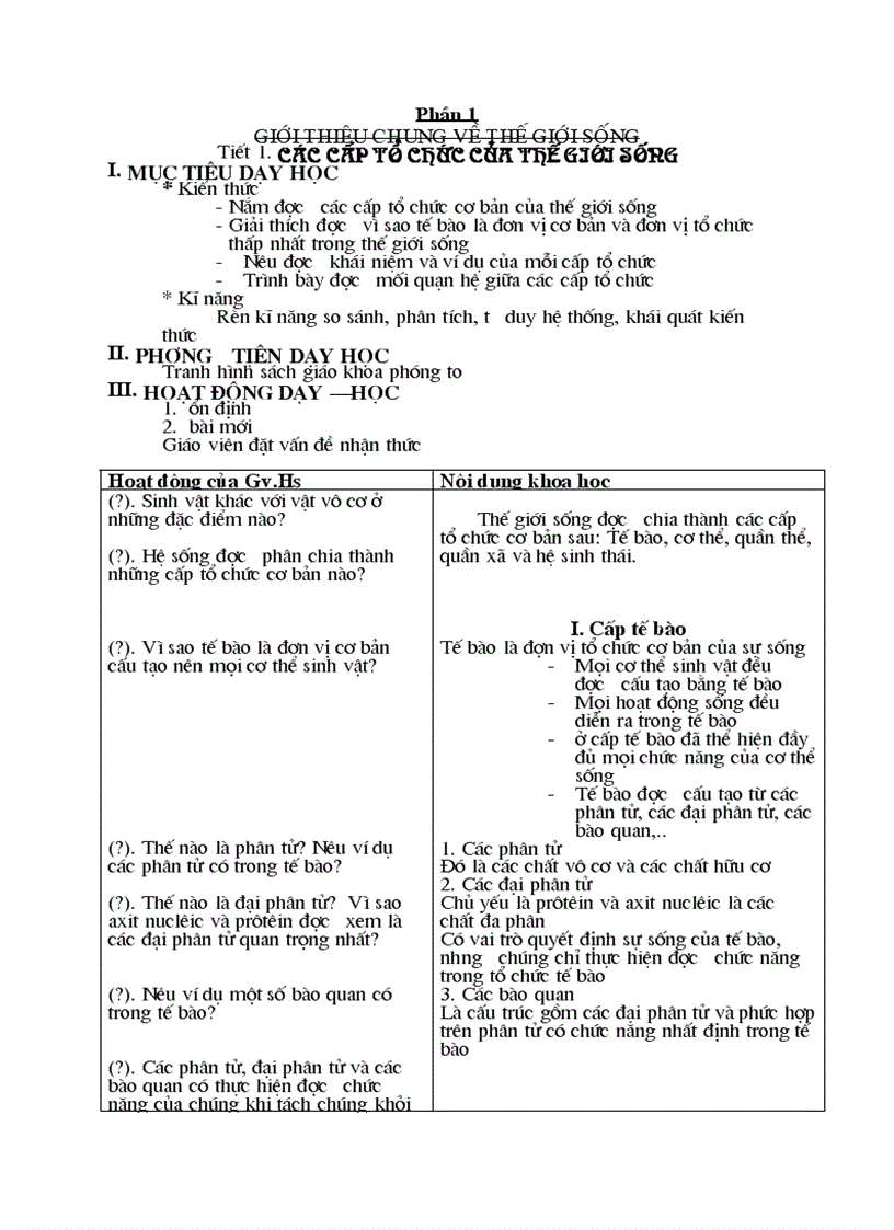 Giáo án sinh 10 nâng cao mới