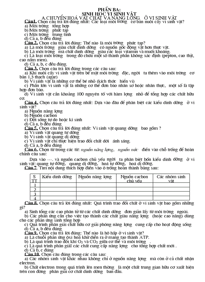 Trắc nghiệm sinh học lớp 10 phần III chương 1 Chuyển hóa vật chất và năng lượng ở vi sinh vật