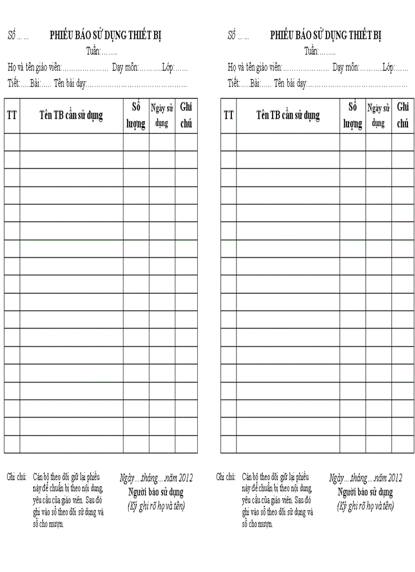 Phiếu báo sử dụng TBDH