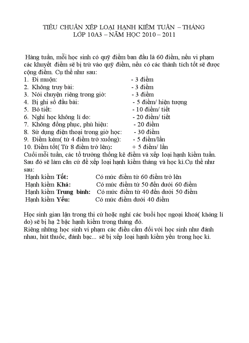 Tiêu chuẩn xếp loại hạnh kiểm Tuần tháng Cho GVCN 1