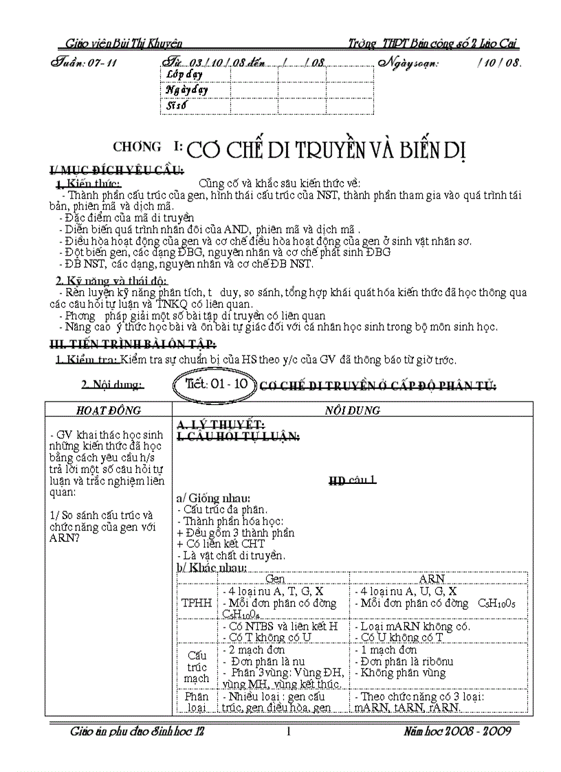 Giáo án phụ đạo 12 cơ bản 2008