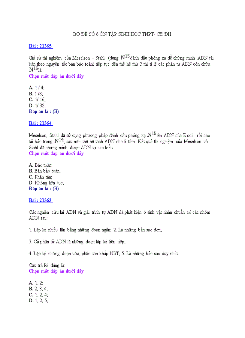 Ôn tập sinh học TNPT CDĐH BỘ ĐỀ 6